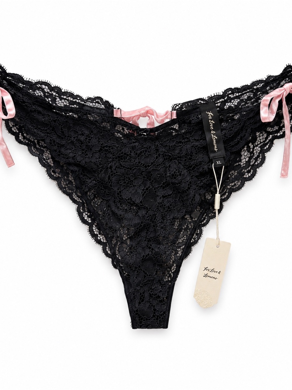 NWT For Love & Lemons Black Floral Lace Bikini Panty XL Pink Ribbon Tie Sides